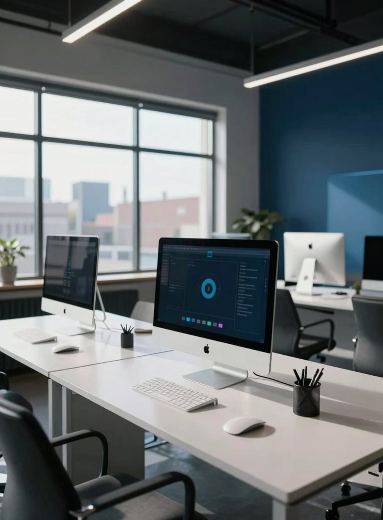 Photography of a sun-drenched Minneapolis studio featuring sleek Apple Macintosh computers on white minimalist desks, high ceilings, large windows, North American / US office atmosphere, professional and creative vibe with dark blue and muted blue accents.