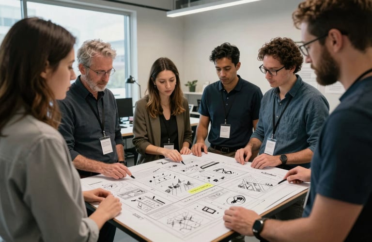 Photography of a group of professionals in Minneapolis standing around an active storyboard with various sketches and notes, North American / US creative studio, collaborative atmosphere, modern professional attire.
