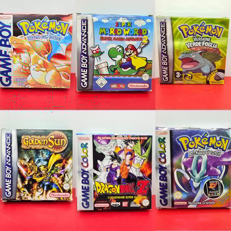A collection of boxed retro Nintendo games including Pokemon Red, Super Mario Advance 2, and Golden Sun.