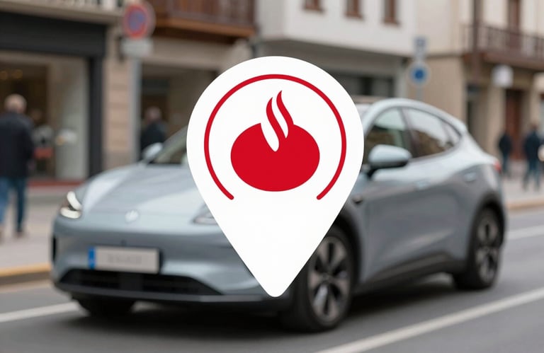 A map pointer icon over a sleek modern car in a Santander street setting, emphasizing local service in Cantabria, professional lighting.