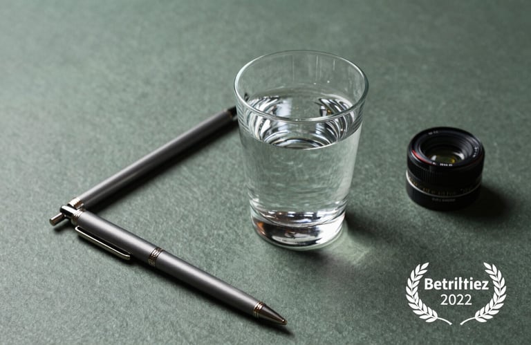A professional still life photograph of high-end office stationery and a glass of water on a slate green surface, representing clarity and focus.
