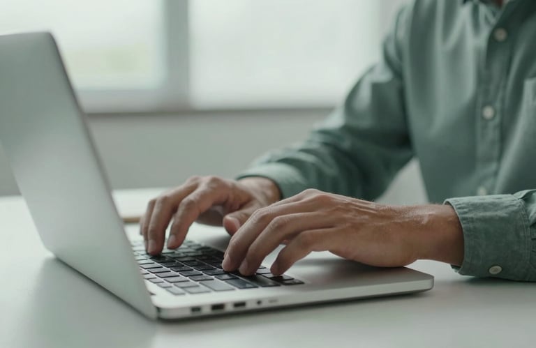 A photograph of a person's hands typing on a modern laptop keyboard in a bright office space with soft slate green tones.