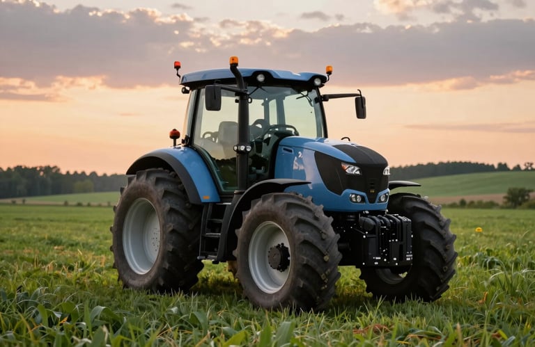 A modern high-tech tractor parked in a vibrant green pasture in Canada under a sunset sky, with a soft focus on the rolling hills in the background.