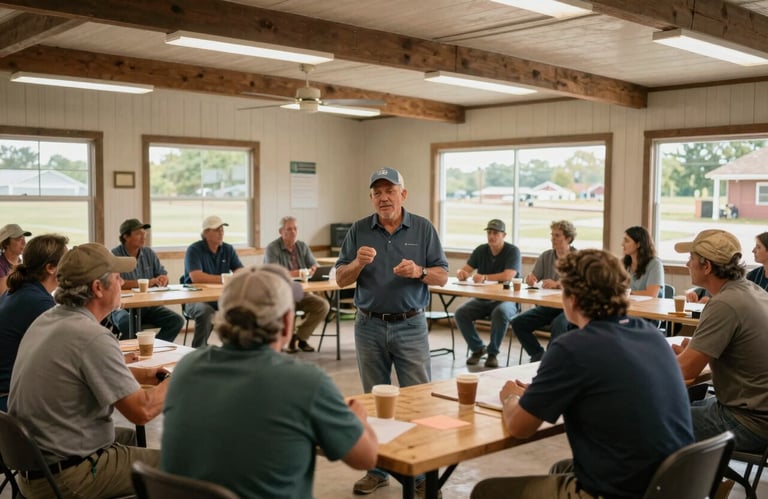 A bright community center in a North American rural town where a group of farmers are engaged in an educational workshop.