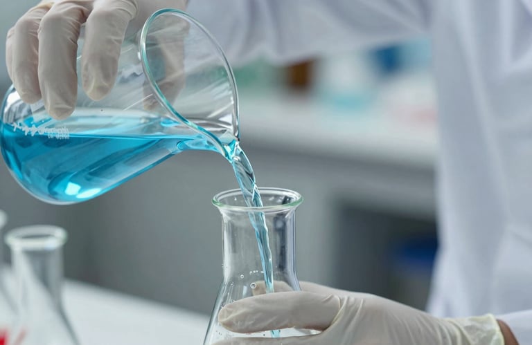 Close up of hands in nitrile gloves pouring a blue chemical solution from a beaker into a volumetric flask. High precision and sophisticated professional atmosphere.