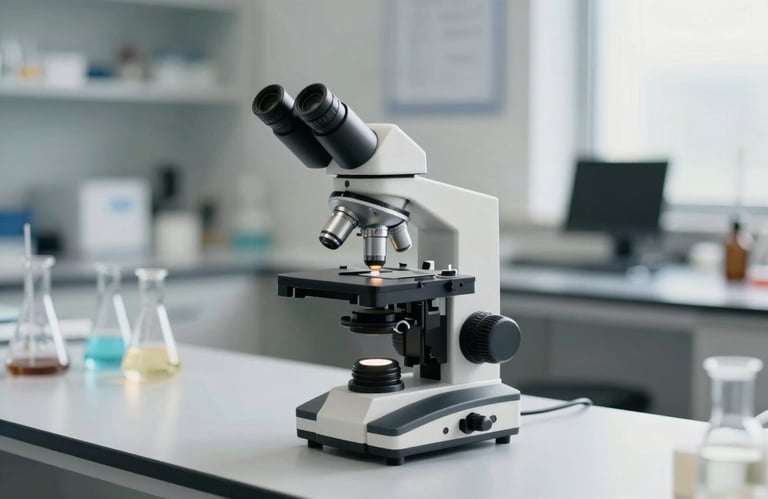 A high-end optical microscope on a polished laboratory bench. Soft morning light, palette features #1A2A3A and #F8F9F3. Clean and authoritative scientific image.