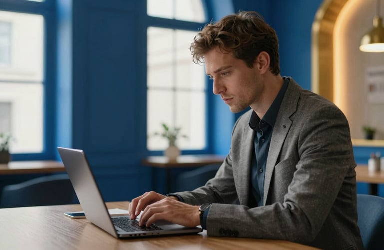 A sharp, side profile of a consultant working on a laptop in a bright office space with royal blue architectural details and gold warm lighting.