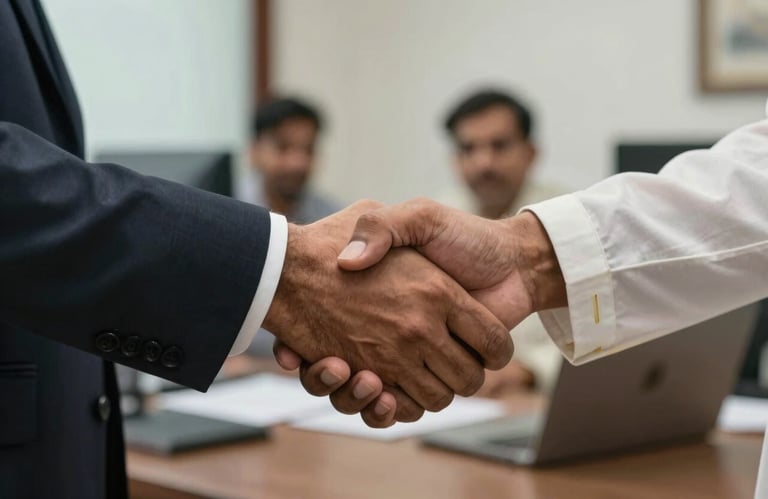 A close-up of a professional handshake between two people in traditional professional attire within a South Asian / Pakistani office.