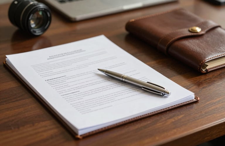 A sharp focus on legal documents, a silver pen, and a leather folder on a mahogany desk in a South Asian / Pakistani professional setting.