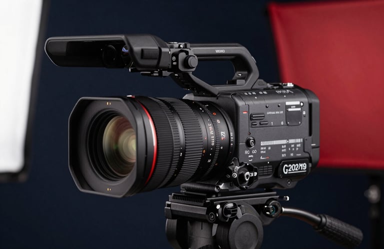 Close-up of a high-end digital video camera on a tripod, focus on the lens. The background is a soft blur of a studio with dark navy and deep red light panels.