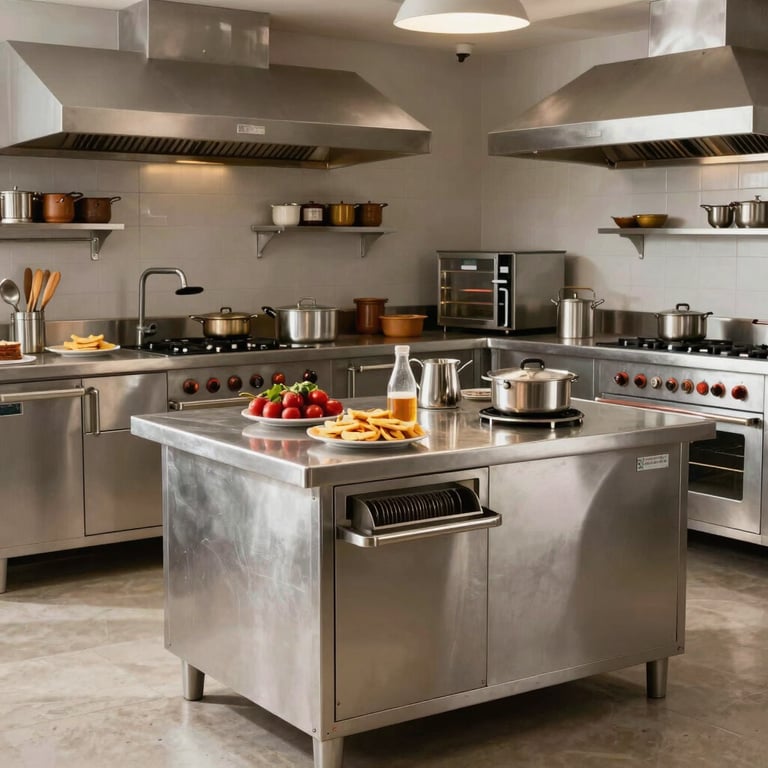 Wide shot of a modern industrial kitchen featuring Akreeti’s custom refrigeration units and display counters