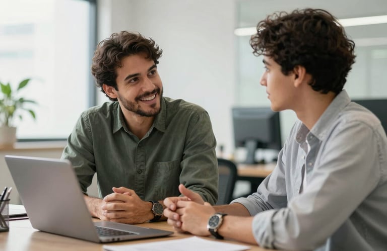 A mentor and student in a bright Brazilian office setting, discussing career goals with a friendly and professional interaction.