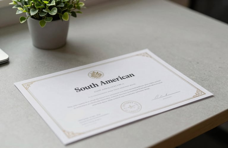 Close-up of a certificate and professional stationery on a minimalist desk, light gray tones with a small leaf green plant, South American style.