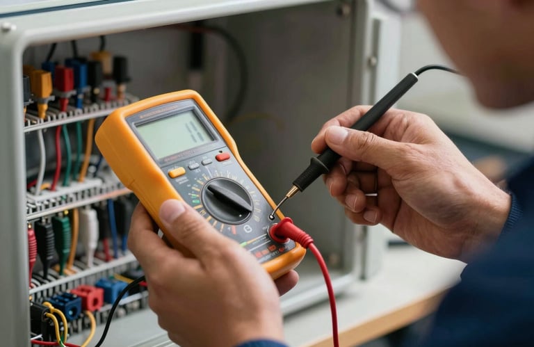 A professional electrician using a digital multimeter to test a circuit, showing competence and technical expertise.