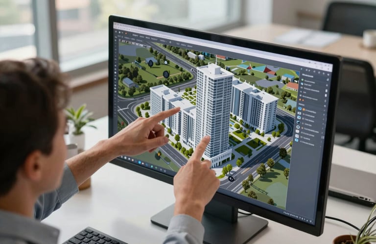 High-angle photography of a project planning session in a bright office, with hands pointing to a 3D building information model on a screen, professional Canadian setting.