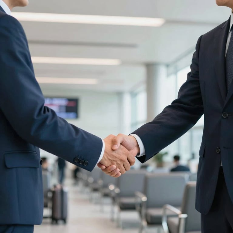 A professional handshake between two executives in a bright, modern airport lounge. International Business travel setting. Sharp focus, clear lighting, and muted blue palette.