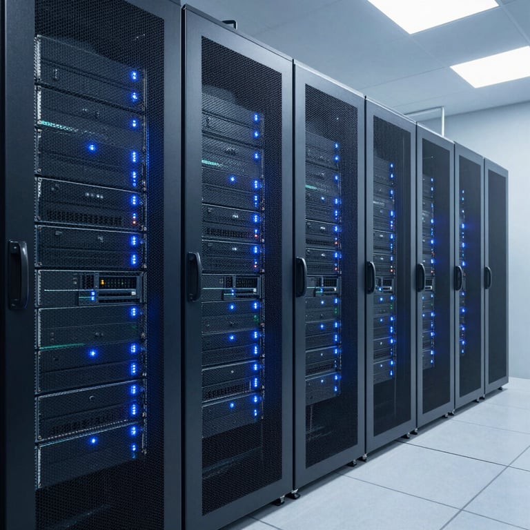 A clean, high-tech server room with rows of processing units and soft blue LED indicators. Wide angle photography in an International Business data center. Cool blue and light gray tones.