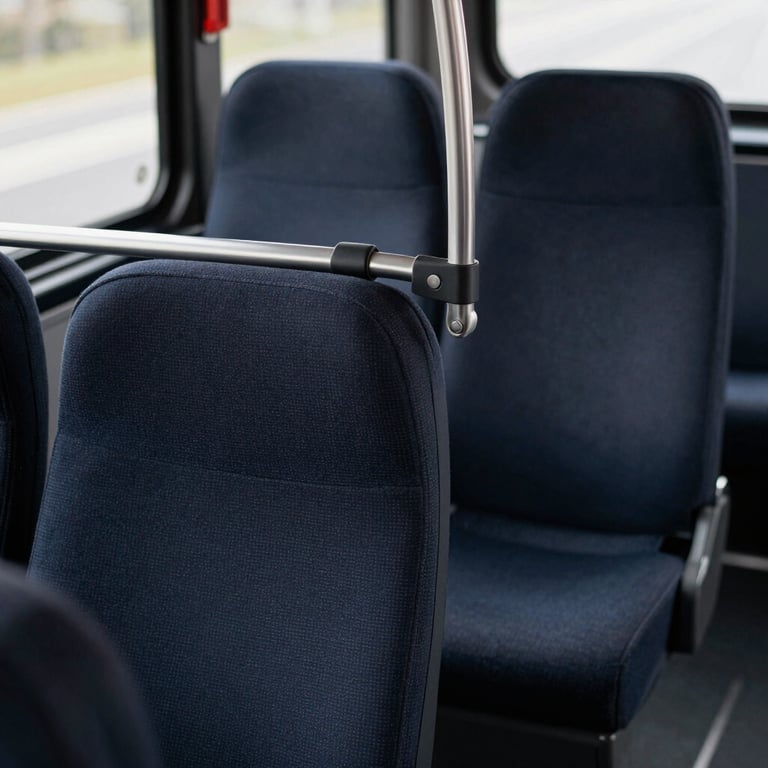 A detail shot of a clean, sophisticated bus interior featuring dark navy fabric seats and a polished metal handrail.