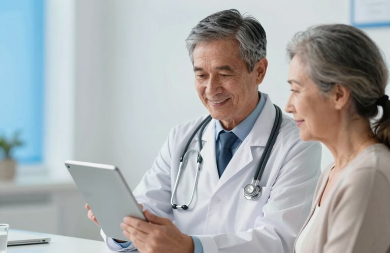 A friendly healthcare professional in a white coat showing a digital tablet to a mature woman. The lighting is bright and clear, with soft blue accents in the background.