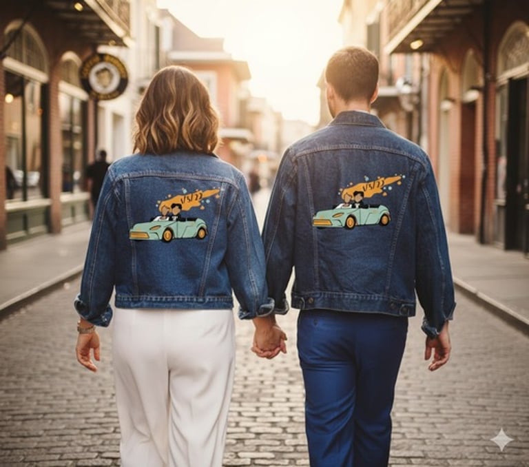 Pareja con chamarras de mezclilla personalizadas caminando por el Barrio Francés de Nueva Orleans