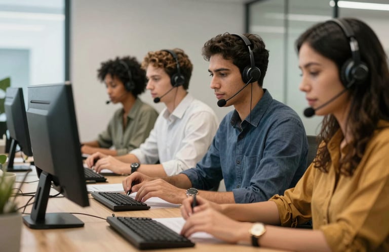 A group of focused customer service representatives in a modern Brazilian office, collaborative and organized workspace.