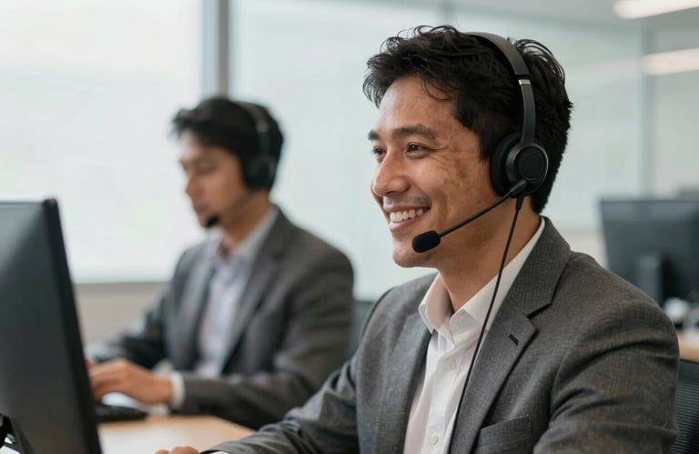 A smiling professional in a South American / Brazilian office environment wearing a headset, engaging in a friendly conversation, soft natural lighting.