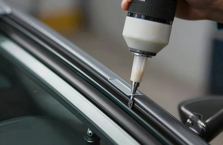 A macro shot of industrial-grade glass adhesive being applied with precision to a new windshield frame, emphasizing strength and quality.
