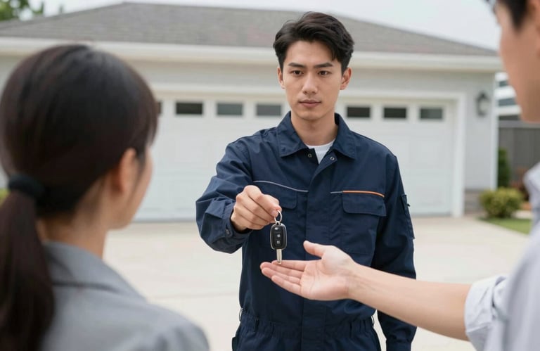A professional technician in a navy blue uniform handing a set of car keys back to a customer in a bright, modern North American driveway.