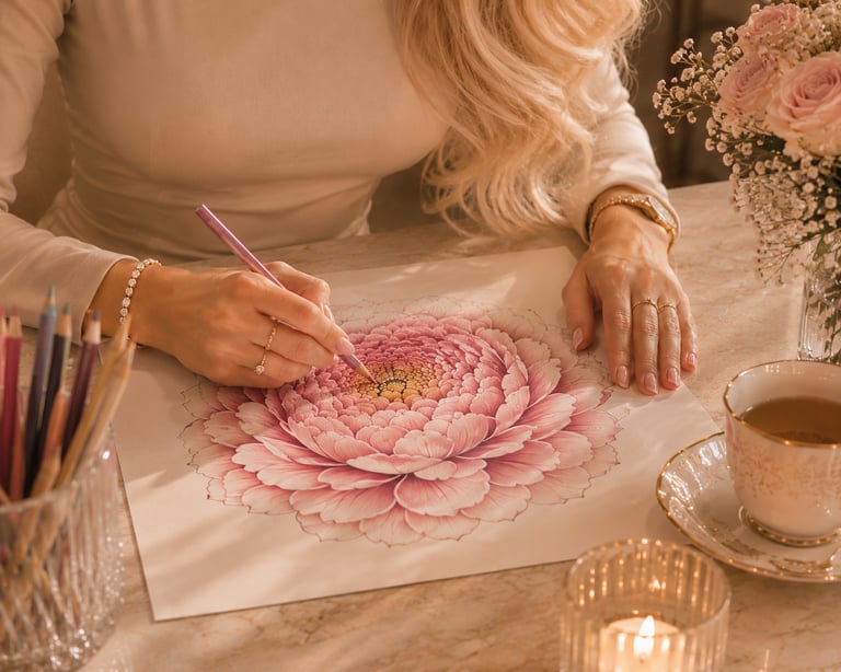 Close-up of coloring a pink floral printable coloring page