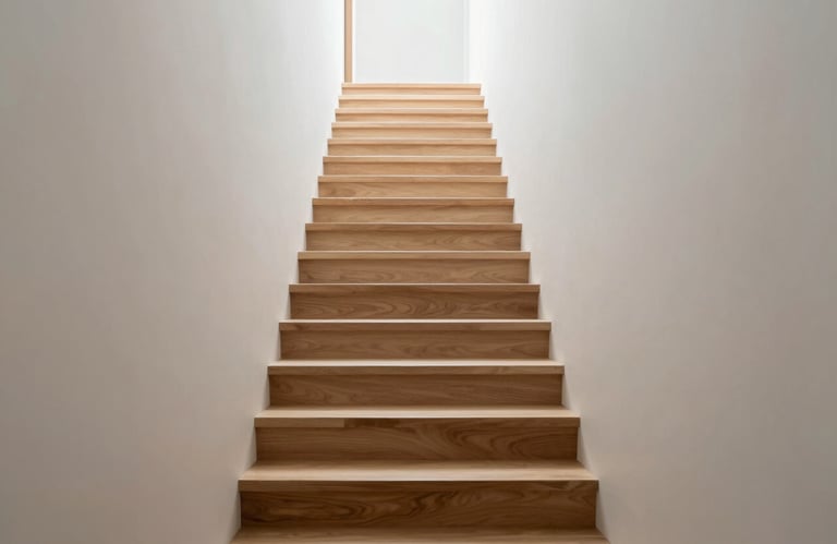 An elegant, floating wooden staircase in a bright hallway. Focus on high-quality materials, professional craftsmanship, and minimalist luxury.