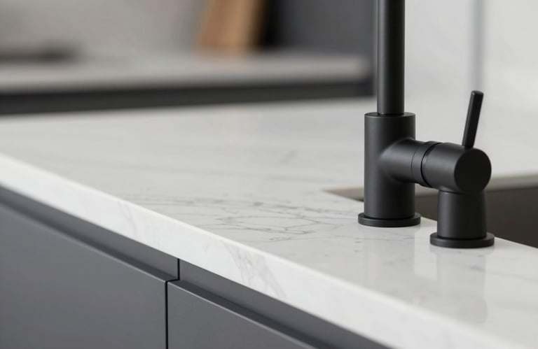 Close-up of a high-end kitchen detail featuring white marble countertops and a minimalist matte black fixture (#2B3E51). Clean, professional, and sophisticated focus on materials.