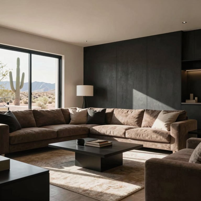 Interior of a modern living room with dark charcoal brown accents and plenty of natural Arizona sunlight.