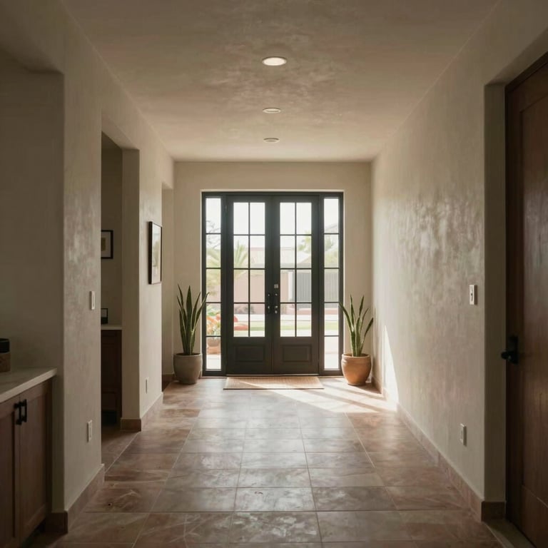 A wide-angle view of an airy, welcoming entryway in a Phoenix home, symbolizing a successful relocation.