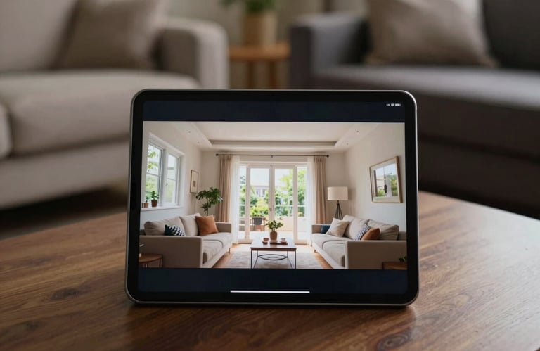 A close-up photograph of a tablet screen displaying a clear, recorded video tour of a bright house interior. The surrounding room is out of focus, featuring warm taupe and deep charcoal brown furniture.