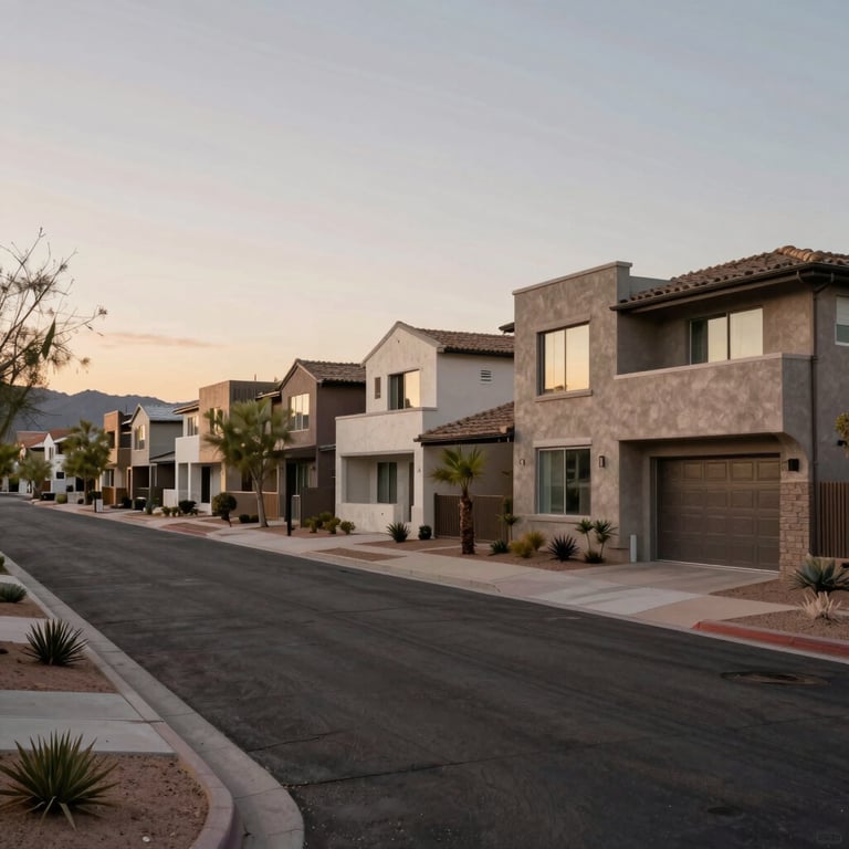 A wide shot of a contemporary Phoenix residential street at dusk, with soft sand and muted taupe desert landscaping.