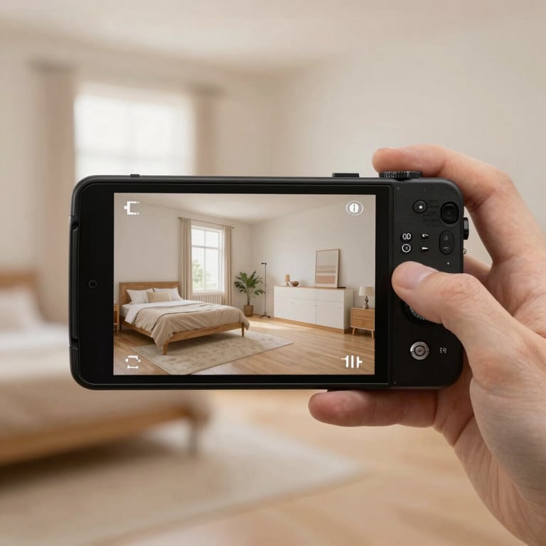 A handheld device showing a video walkthrough of a bright, spacious bedroom in a soft sand tone.