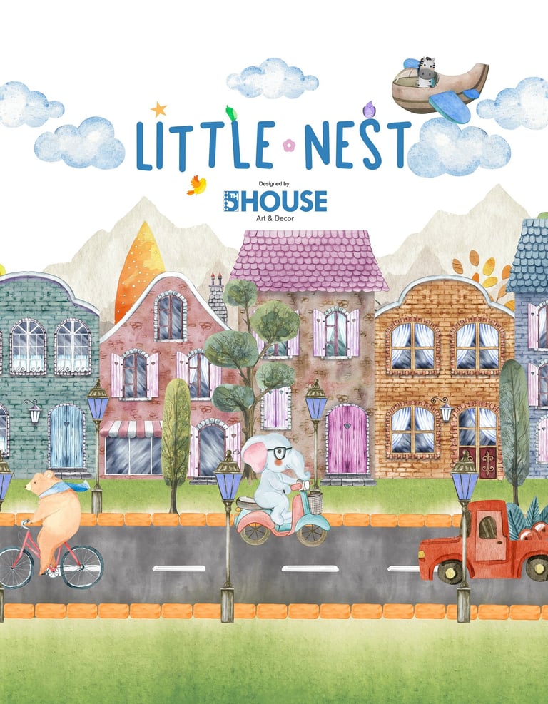 Whimsical nursery wall art featuring watercolor animals driving a scooter, car, and bicycle through a colorful town.