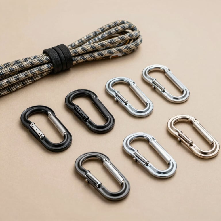 Still life photography of professional arborist climbing equipment, including climbing ropes and carabiners, arranged neatly on a sand-colored surface, clean and professional lighting.