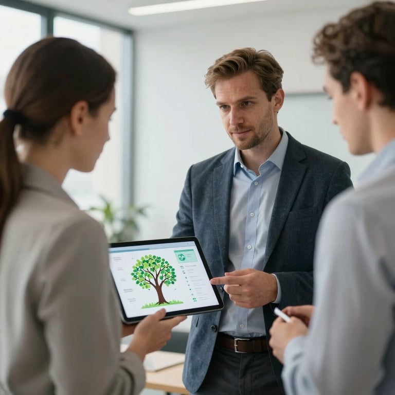 A professional consultant in business-casual attire presenting a digital tree health assessment on a tablet to a municipal official in a bright, modern Polish office setting.