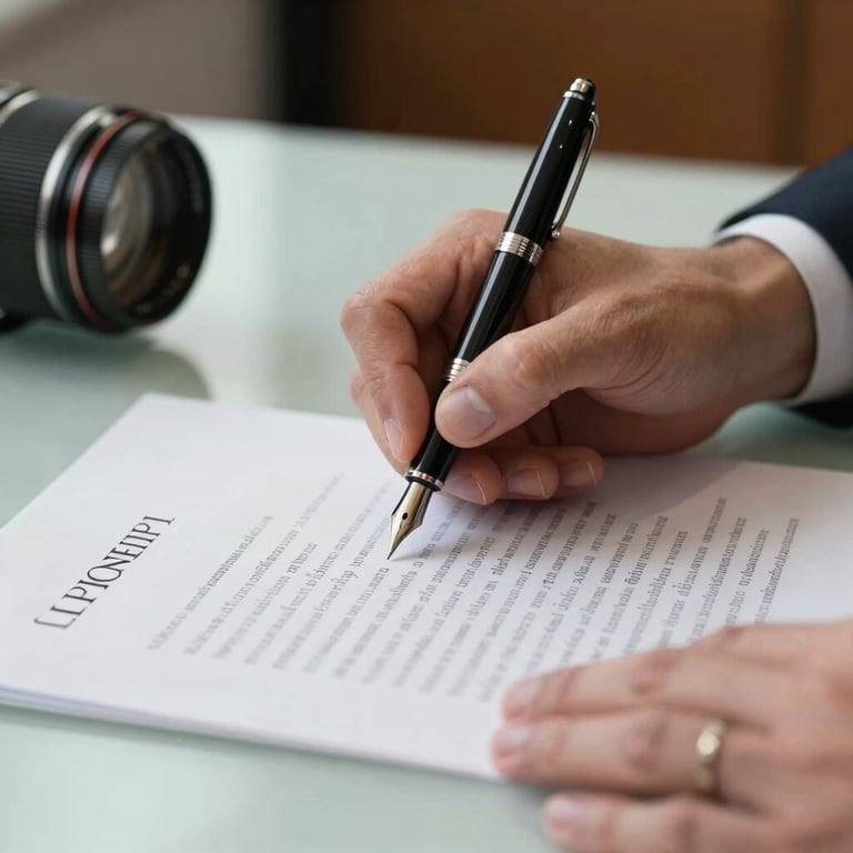Close-up photography of a professional signing a document with an expensive fountain pen on a desk in a London office, symbolizing integrity and commitment.