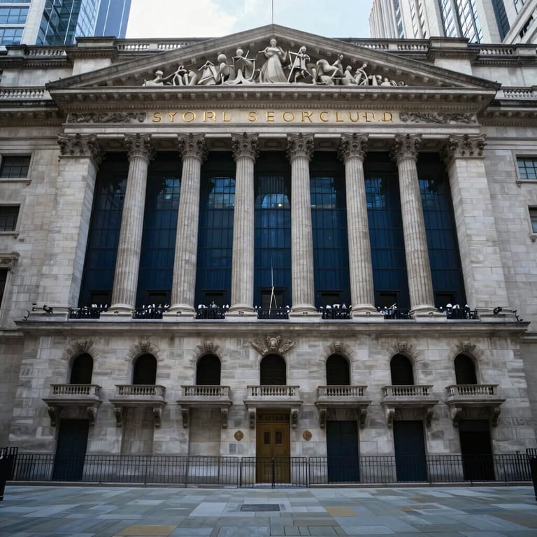 A wide-angle photography of the London Stock Exchange area, representing market expertise and regulatory compliance, with dark blue and slate grey tones.