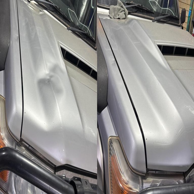 Before and after results of paintless dent repair on a 79 series..