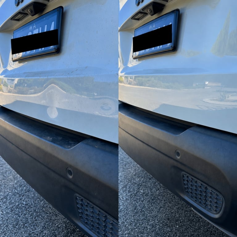 Before and after bumper dent repair using paintless dent removal.