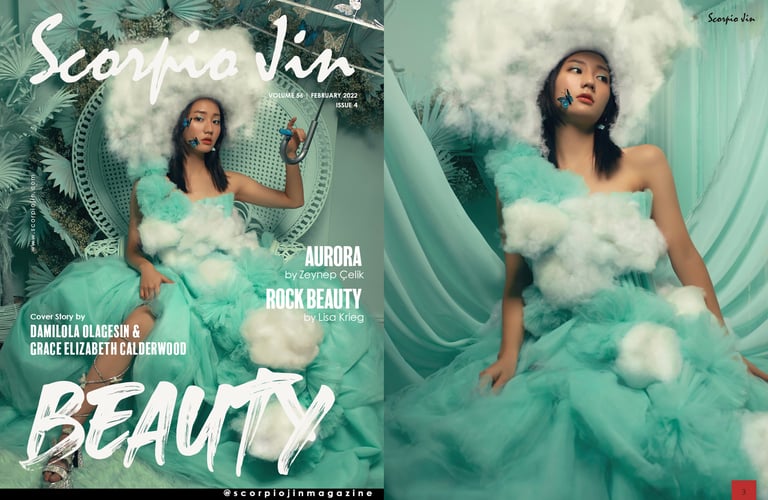 Model in a light green dress on magazine cover.Daydream, Scorpio Jin (Creative Director, Stylist)