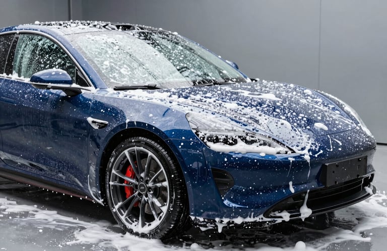 A high-pressure snow foam wash being applied to a modern sports car. Thick white soap bubbles cover the car, which is deep blue #003D5B. The scene is shot in a professional wash bay with high-key lighting. Refreshing and transformative atmosphere.