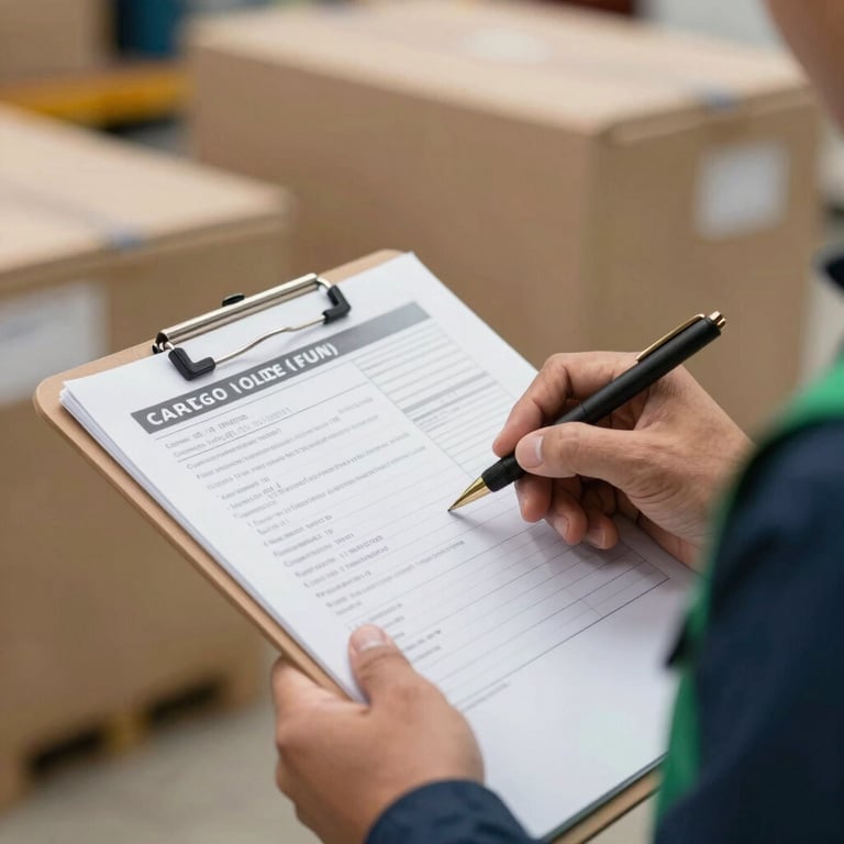 Close-up of a South American / Peruvian logistics professional's hand checking a cargo manifest on a clipboard, wearing a professional green and dark blue sleeve, soft daylight.