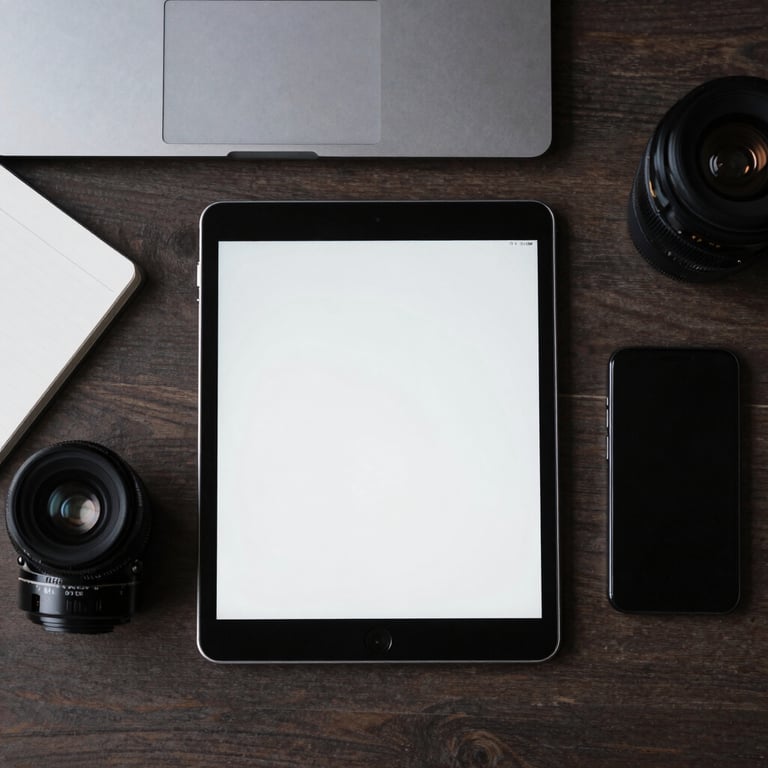A professional top-down shot of a minimalist desk setup in North America with a tablet, a sleek smartphone, and a notepad, tech-inspired aesthetic.