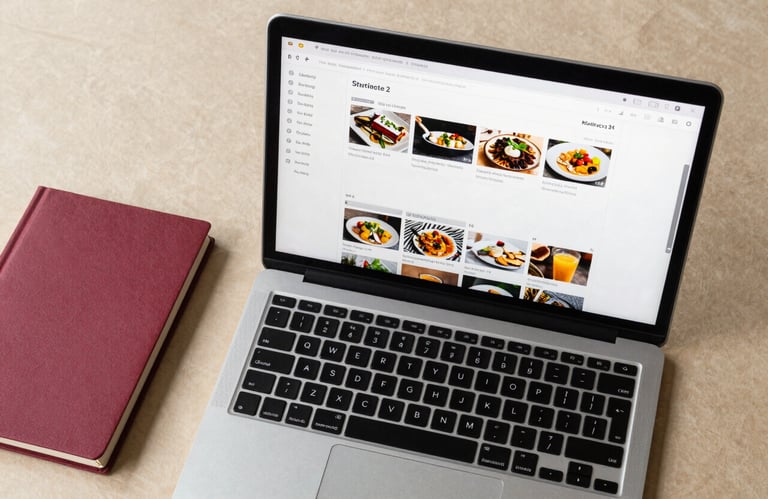 Overhead view of a laptop screen displaying a social media content calendar and food photos, sitting on a Crisp Parchment colored desk next to a Ripe Crimson notebook.