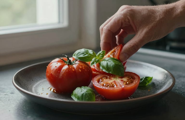 Close-up of a hand styling a dish of fresh heritage tomatoes and basil on a dark ceramic plate. Soft, natural light coming from a nearby window in a Northern European kitchen.