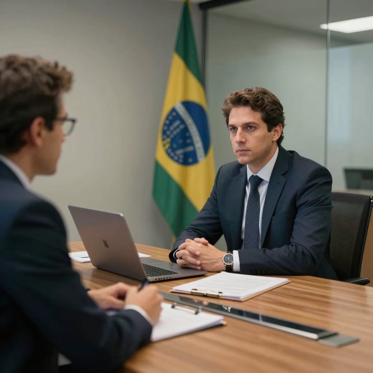 A professional consulting session between an engineer and a client in a modern Brazilian boardroom.